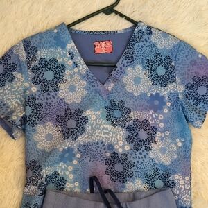 Floral Blue and Purple Scrub Top And Bottom Set